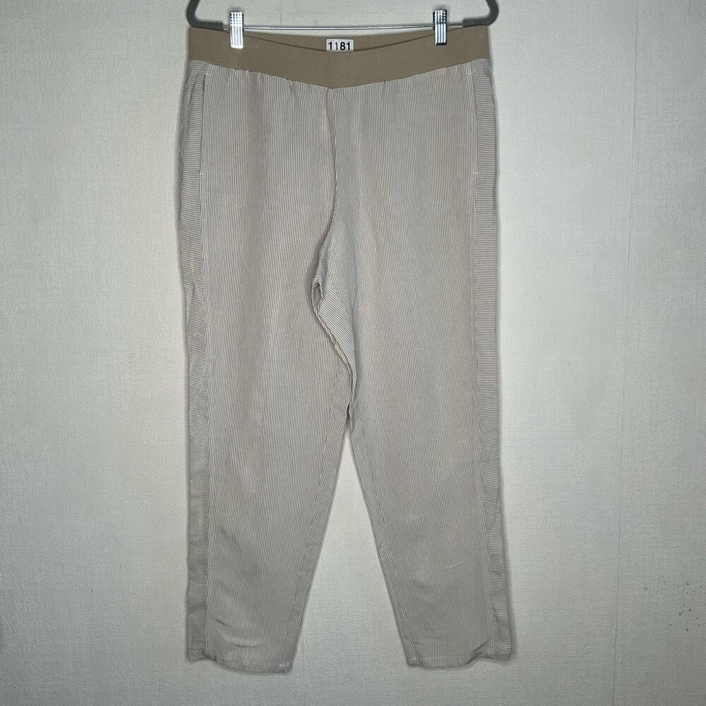 J Jill Linen Blend Pull On Pants Womens Medium Tan‎ White Stripe Tapered Neutral